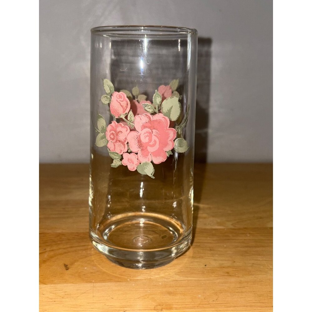 Vintage Gibsons Design Roseland 12 oz. Floral Drinking Glass Tumbler Pink Rose